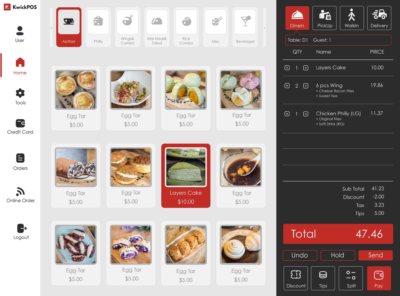 KwickPOS restaurant ordering interface — menu grid, live order ticket and totals